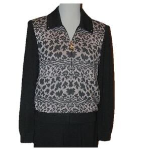 St John Collection Knits Sweater Jacket Size 10 pink leopard print black sleeves